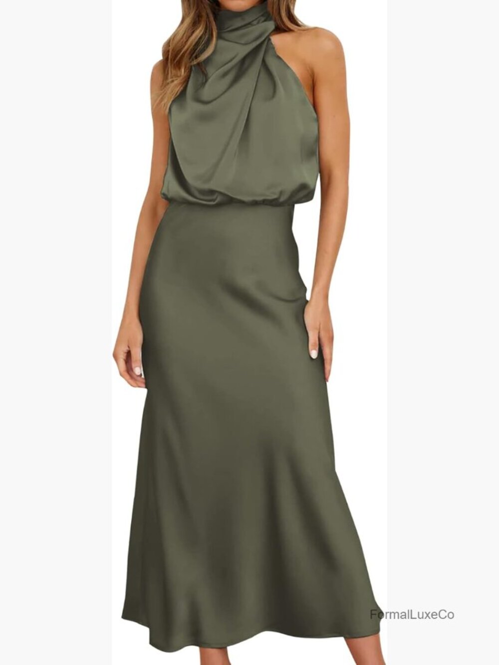 Sleeveless Mock Neck Maxi Dress Elastic Waist Satin High Split Cocktail Party